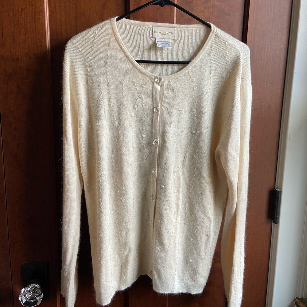 Cream cardigan with crystal buttons and beading